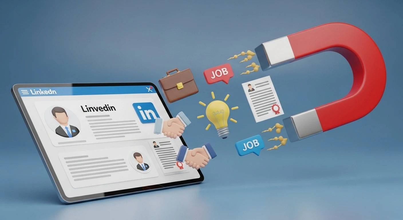 ملف LinkedIn كمغناطيس يجذب عروض العمل مع أيقونات الوظائف والاتصالات