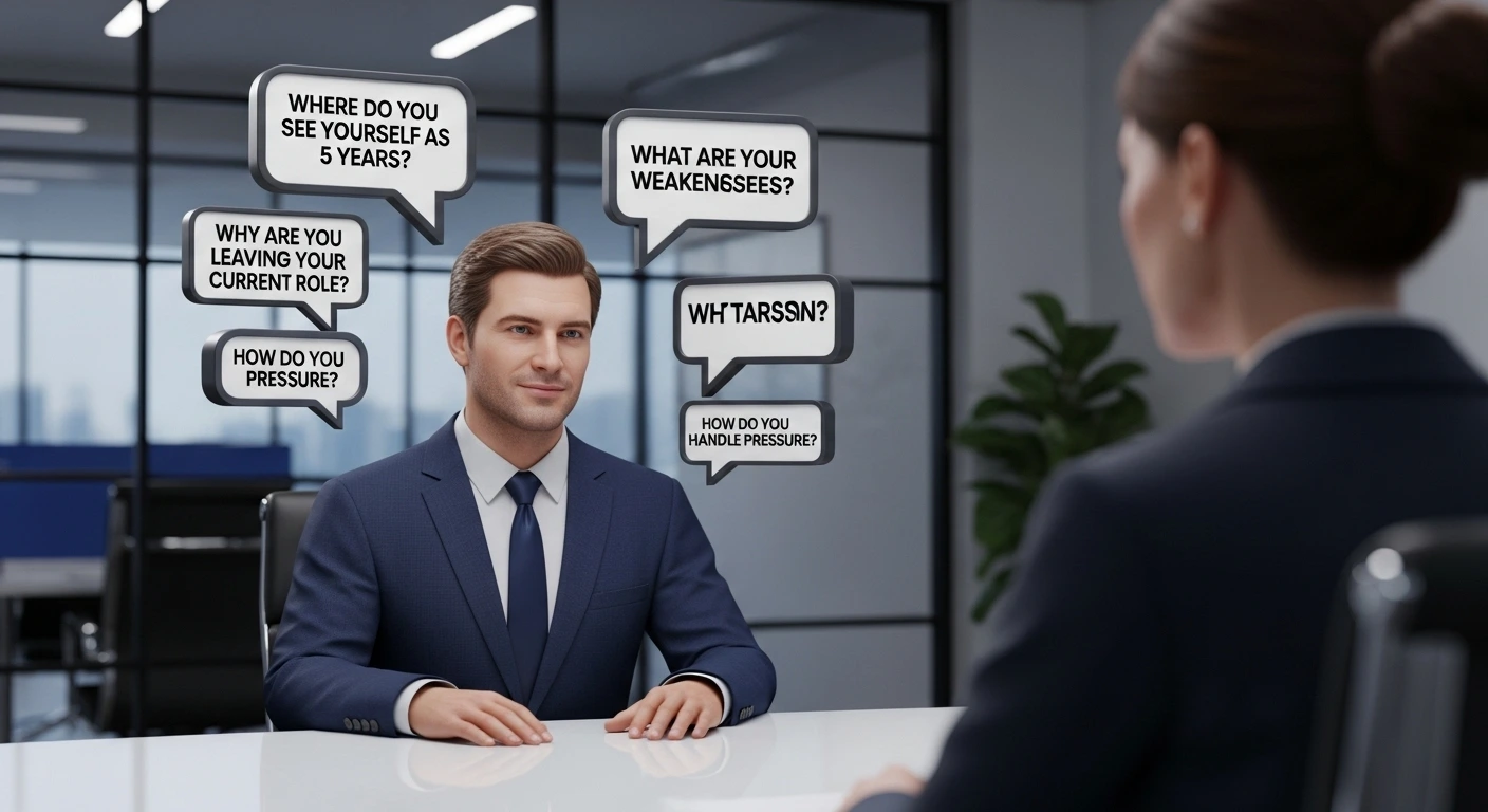 شخص يخوض مقابلة عمل صعبة مع تعابير واثقة وأيقونات أسئلة حوله