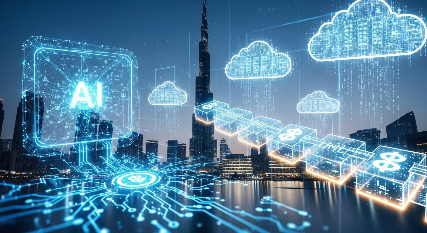 مشهد تكنولوجي في دبي مع برج خليفة وخلفية رقمية تمثل التقنيات الناشئة